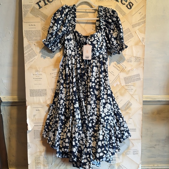 Free People Selkie French Ritz Midi Floral Dress Ruffle Buckingham Blue - Picture 11 of 11